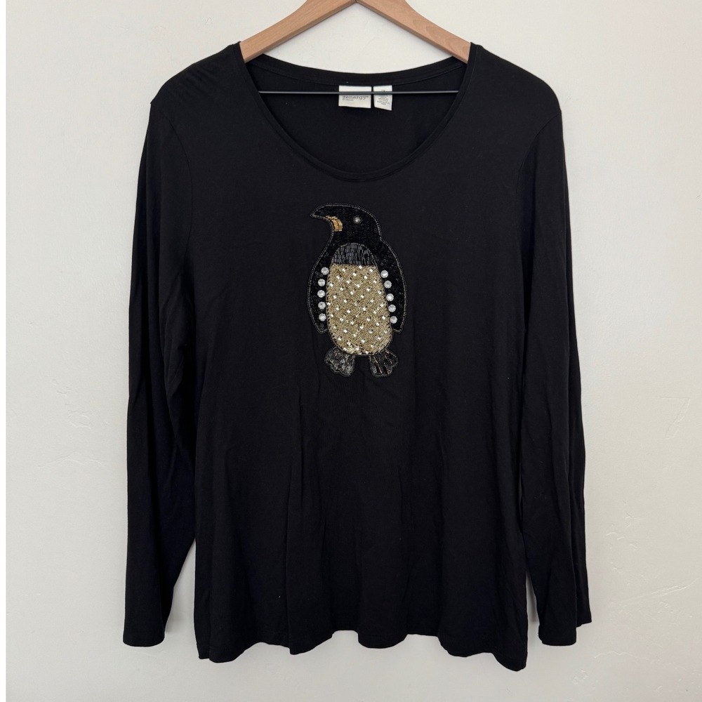Chicos Black Penguin Sequin Beaded Long Sleeve Top Modal Cotton Animal XL Size 3